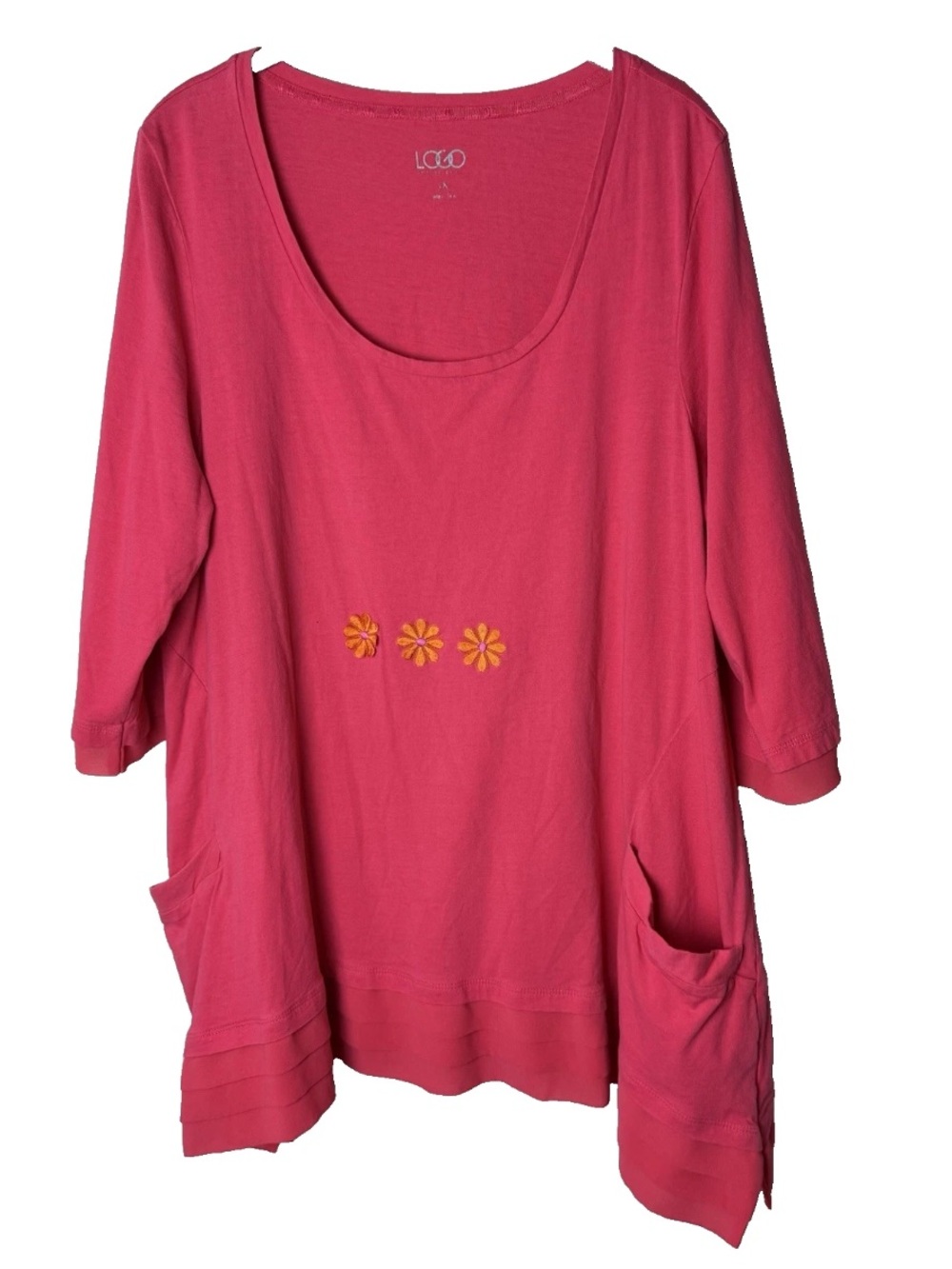 LOGO Lori Goldstein Tunic Top Size XL Dark Pink Pockets Tiered Hem Floral